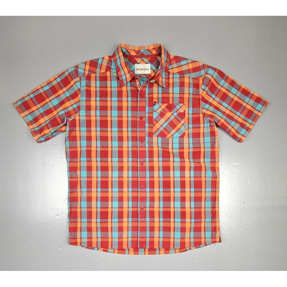 Simms‎ Button Up Shirt Mens Lrg. Red Nylon Polyester Plaid Fishing Short Sleeve.